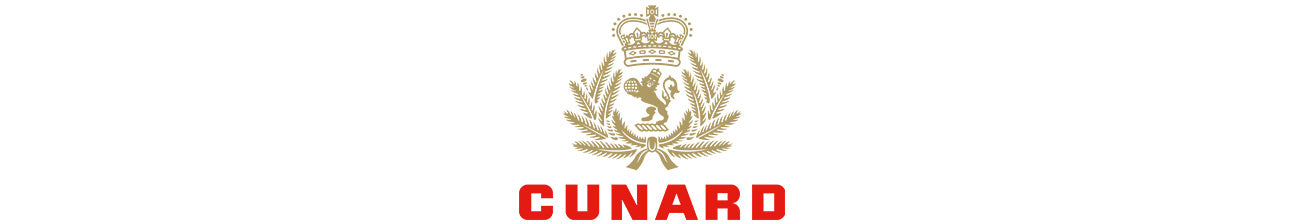 Gold Cunard crest featuring a crown above a lion and laurel wreath, with the word CUNARD in bold red capital letters below.