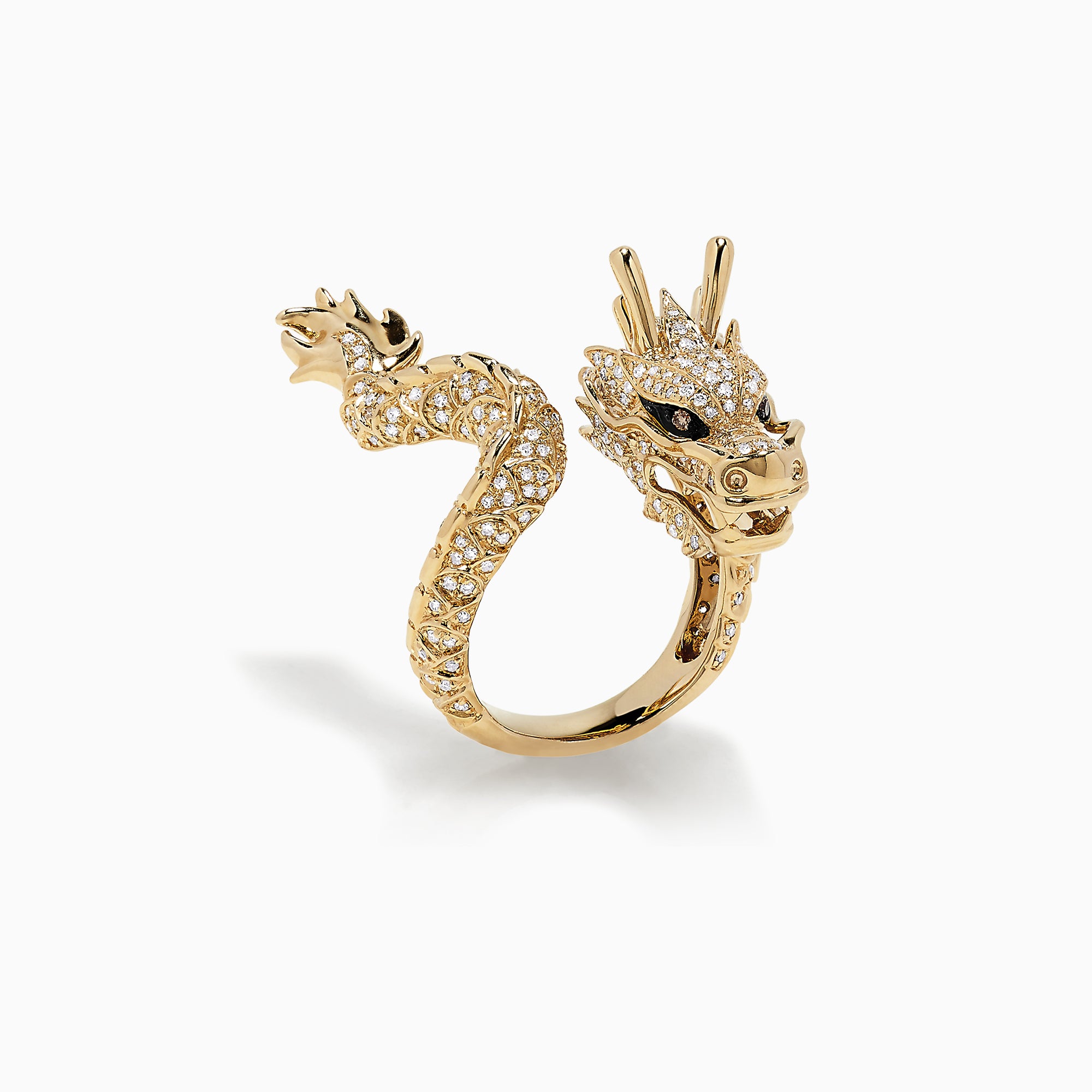 The Safari 14K Yellow Gold Diamond Dragon Ring, 1.08 TCW, features a dragon design adorned with clear diamonds along its body and head and black stones for the eyes, set against a plain white background.