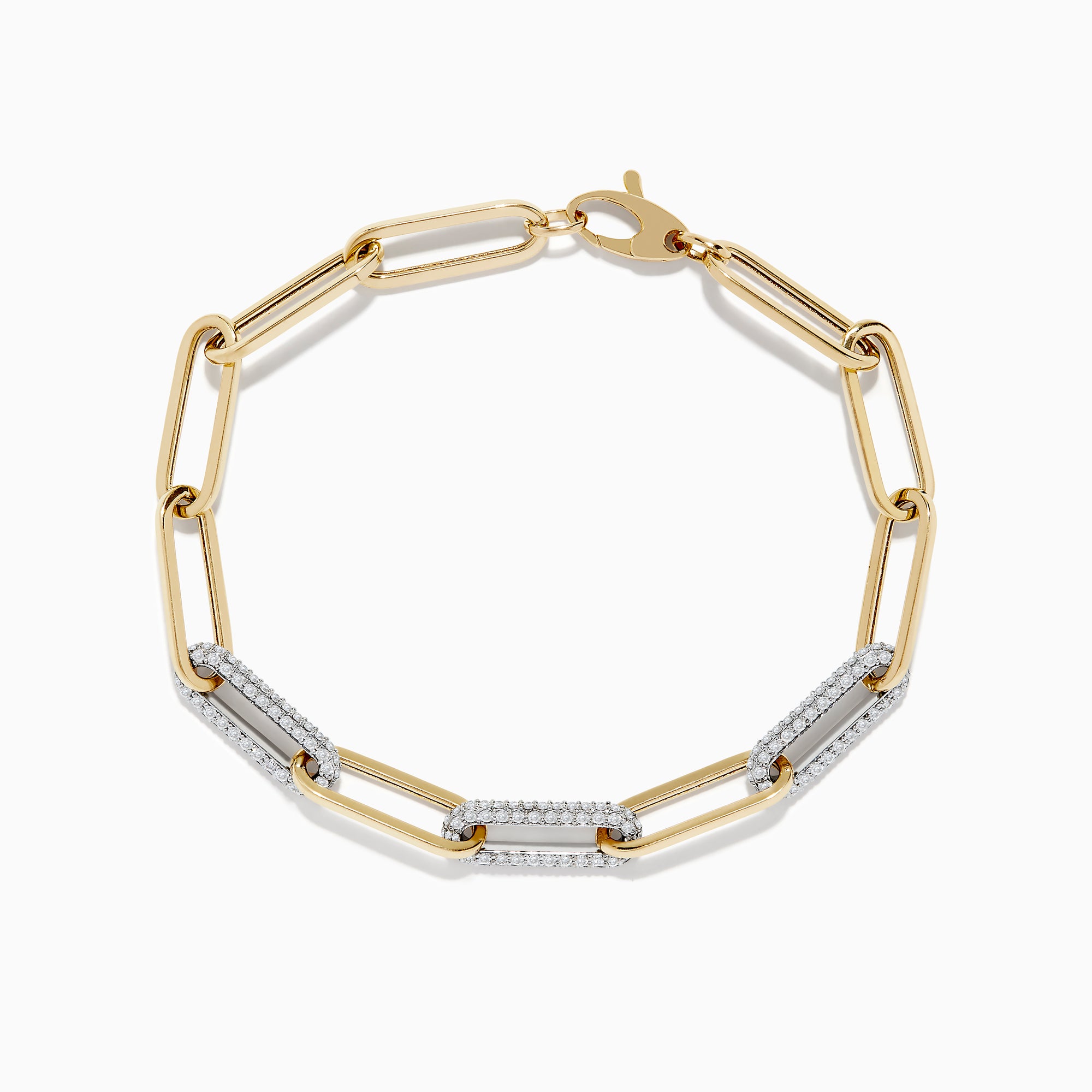 The Duo 14k Two-Tone Gold Paperclip Pave Diamond Bracelet features elongated links, some adorned with pavé diamonds, and is shown on a white background.
