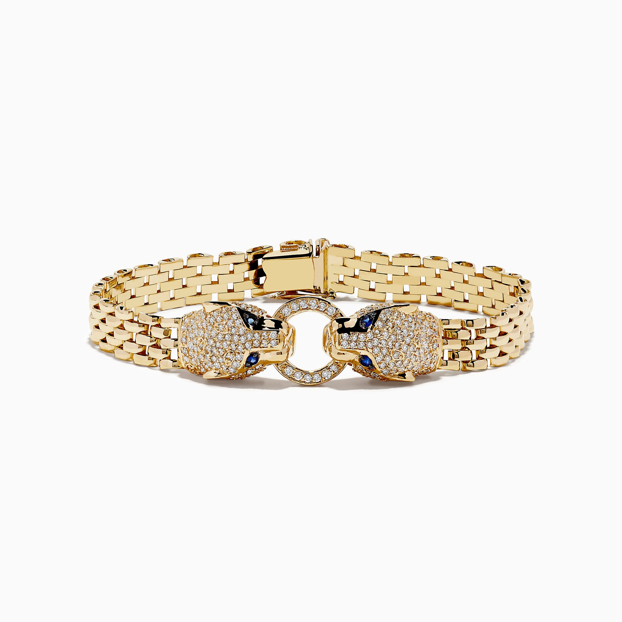 The Signature 14K Yellow Gold Sapphire and Diamond Panther Bracelet features woven gold links with two opposing diamond-encrusted panther heads, black detailing, sapphire eyes, and a central ring.