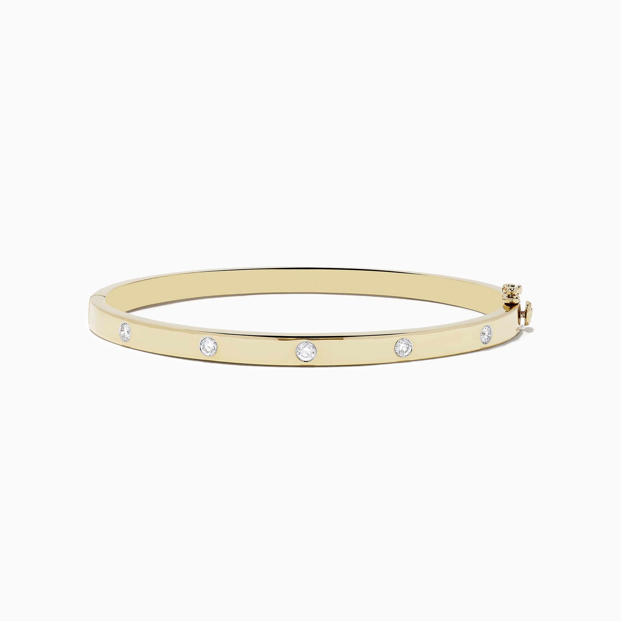 The DOro 14k Yellow Gold Bezel Set Diamond Bangle 0.35 TCW showcases evenly spaced round bezel set diamonds, elegantly displayed on a plain white background.