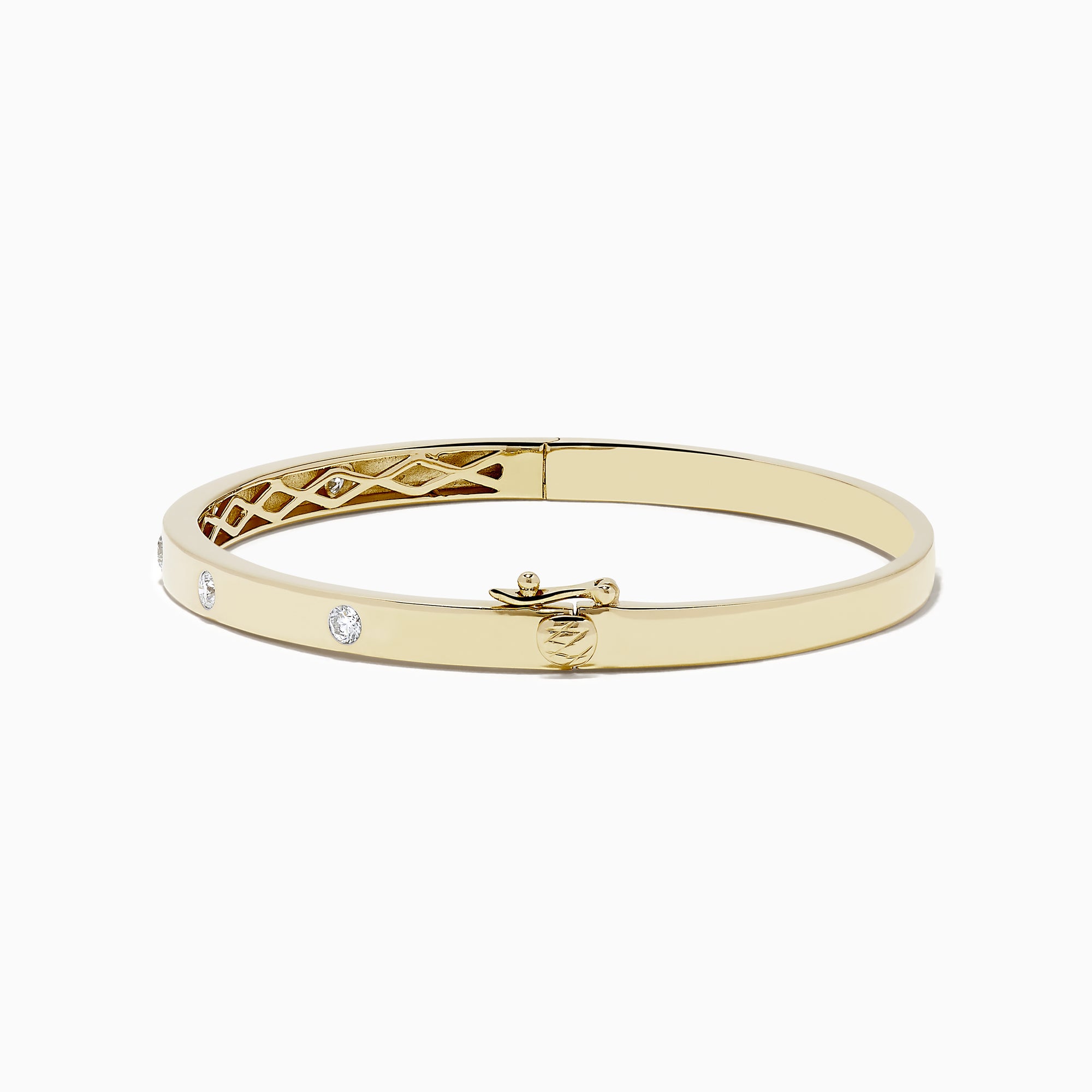 The DOro 14k Yellow Gold Bezel Set Diamond Bangle 0.35 TCW showcases evenly spaced round bezel set diamonds, elegantly displayed on a plain white background.
