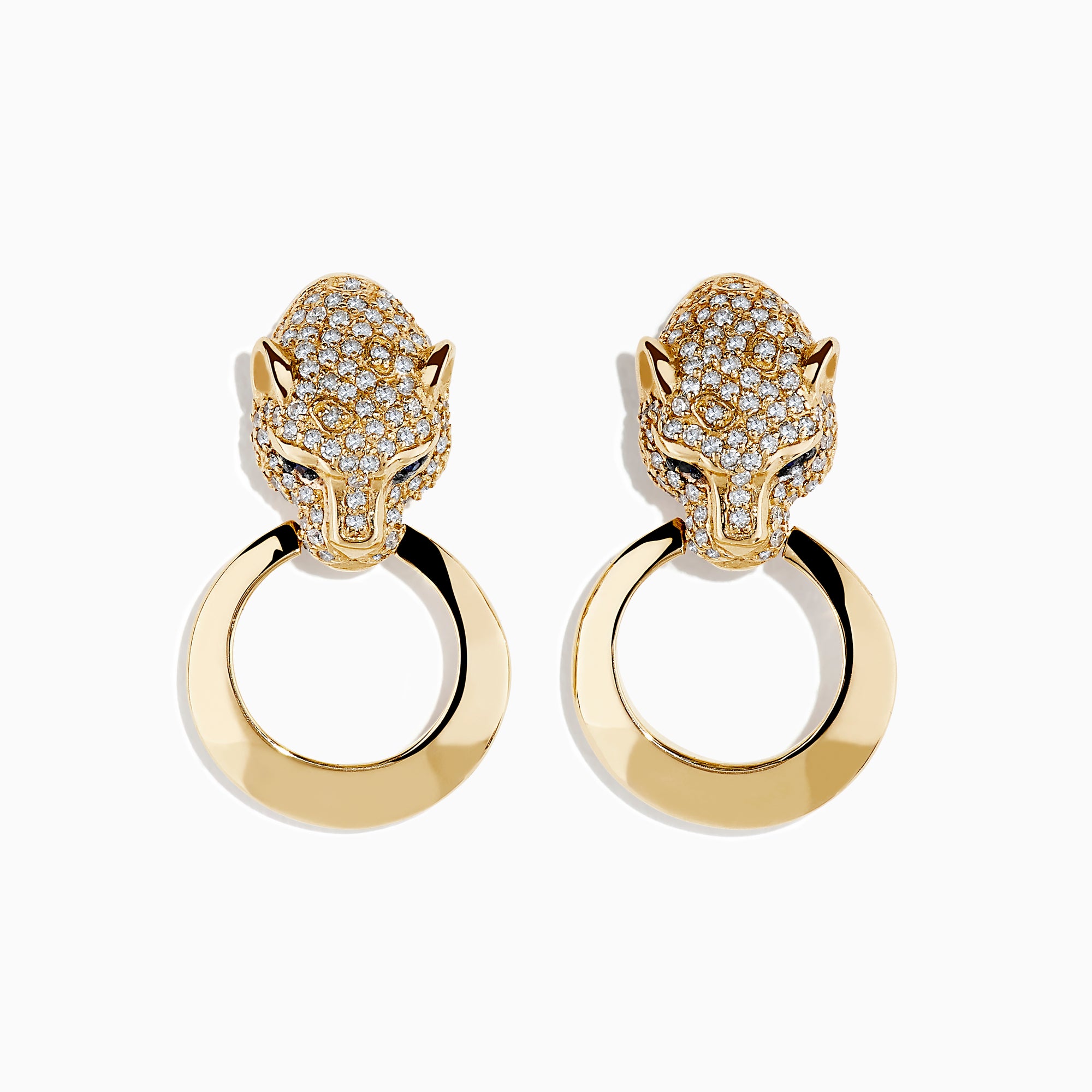 Signature 14K Yellow Gold Sapphire and Diamond Panther Earrings, shaped like panther heads with sparkling stones and gold hoops, are displayed on a white background.