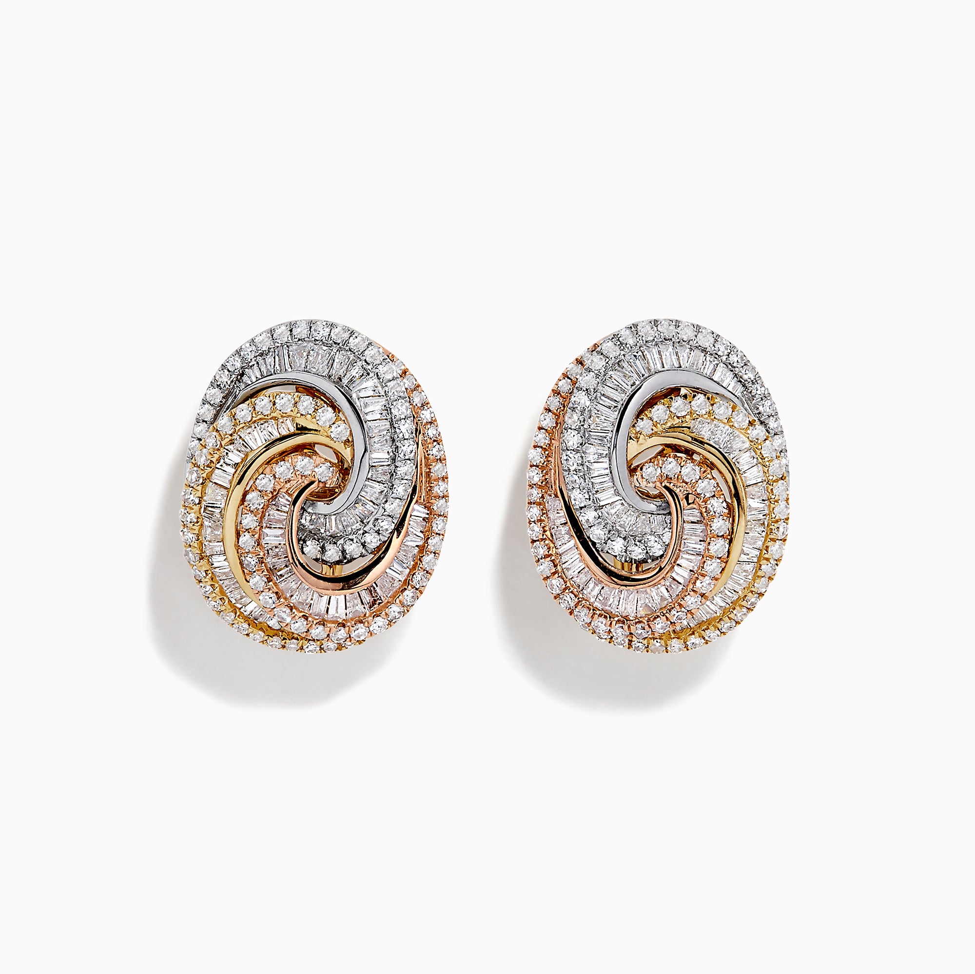 The Trio 14K Tri-Tone Gold French Clip Diamond Statement Earrings, 1.08 TCW, feature oval interlocking swirls in gold, rose gold, and silver with rows of sparkling diamonds on a white background.