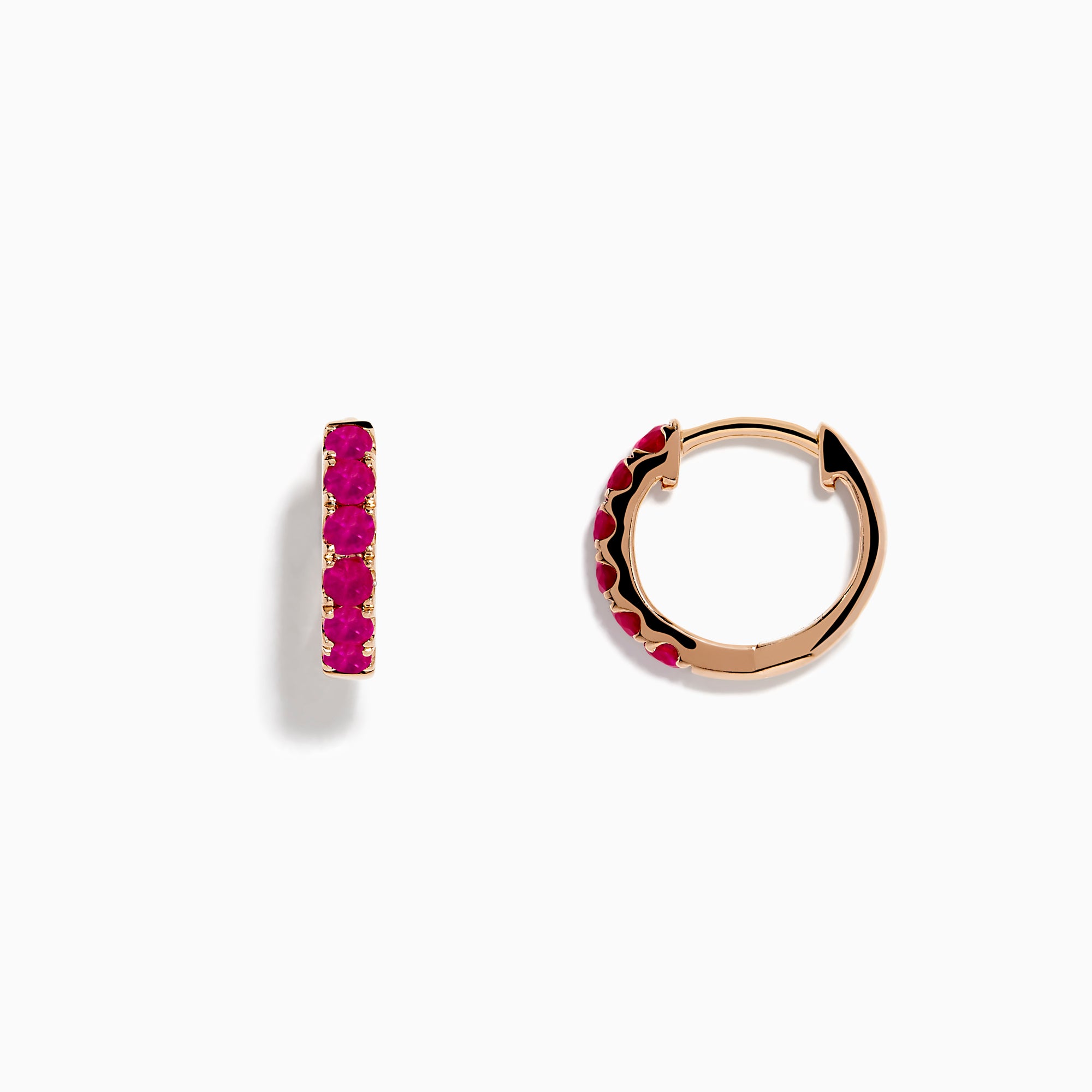 14K Rose Gold Pink Sapphire Huggie Earrings, featuring five vibrant pink sapphires in a vertical row on each small earring, are shown against a plain white background.