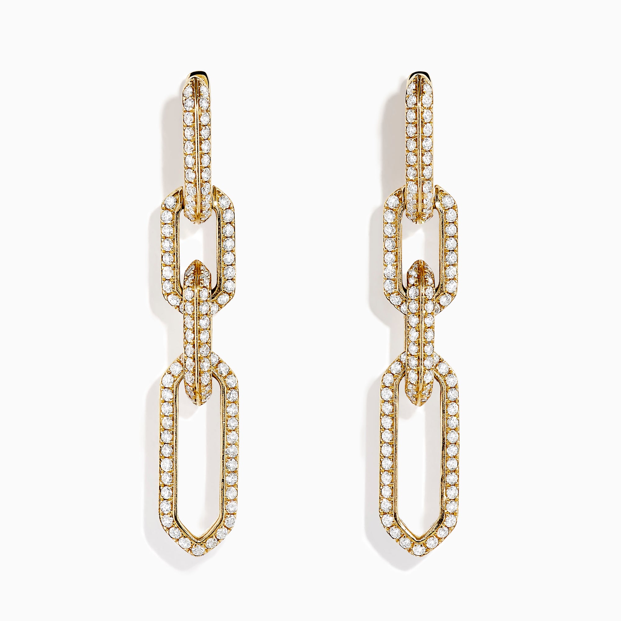 DOro 14K Yellow Gold Chain Link Diamond Drop Earrings feature three interlocking, diamond-outlined links and are shown against a plain white background.