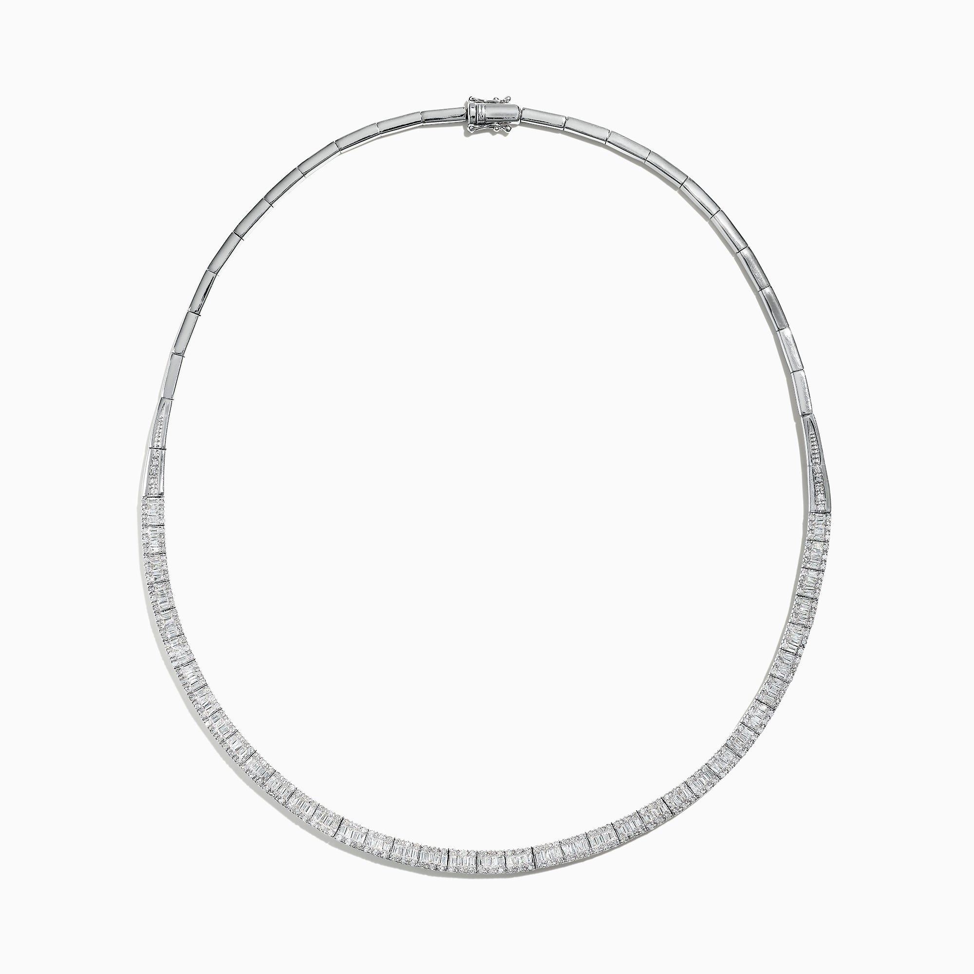 The Classique 14K White Gold Diamond Collar Necklace 3.12 TCW features a row of square-cut diamonds set along the front half, displayed on a plain white background.