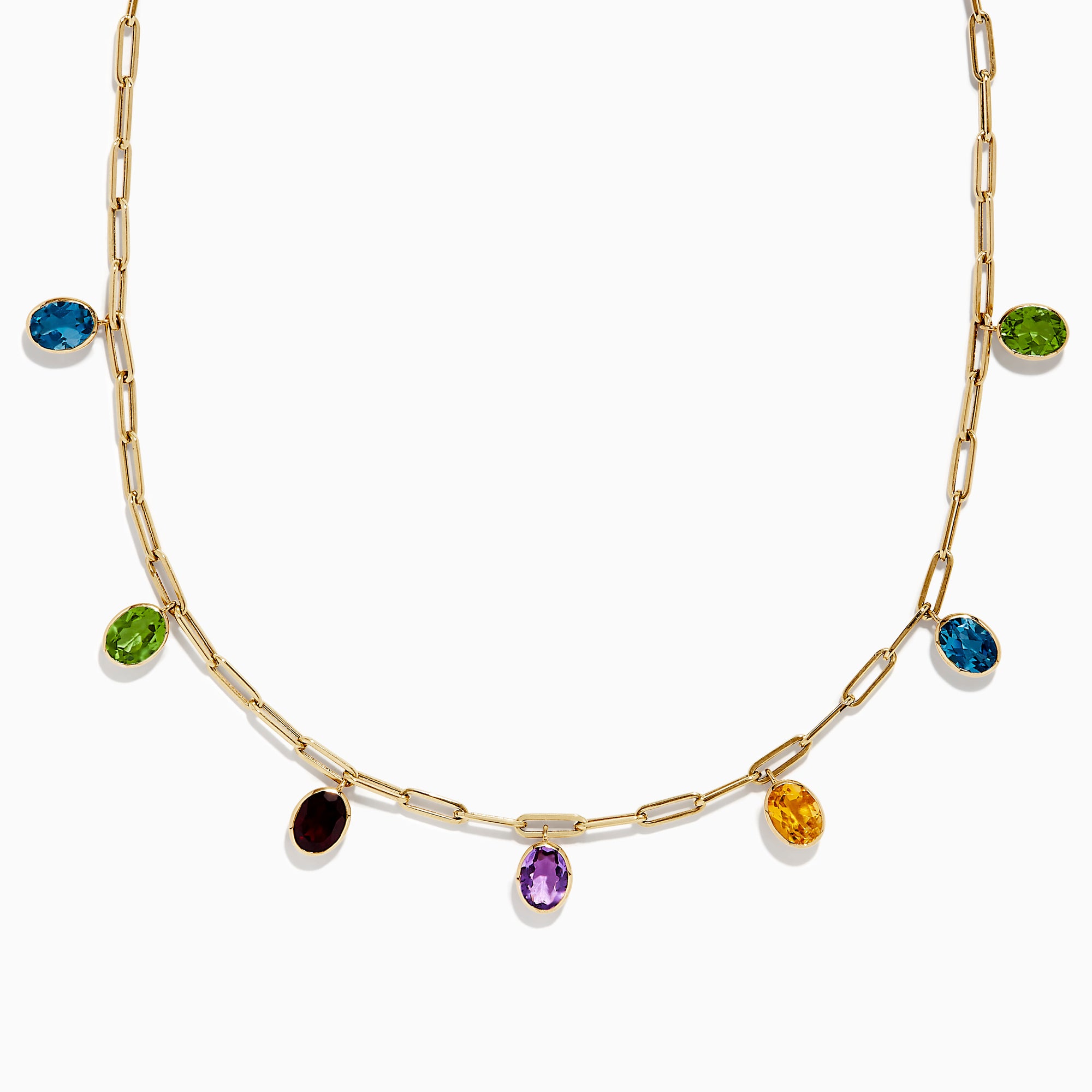 The Mosaic 14K Yellow Gold Multi Gemstone Charm Necklace features oval-shaped charms in blue, green, yellow, purple, and brown gemstones evenly spaced on a yellow gold chain.