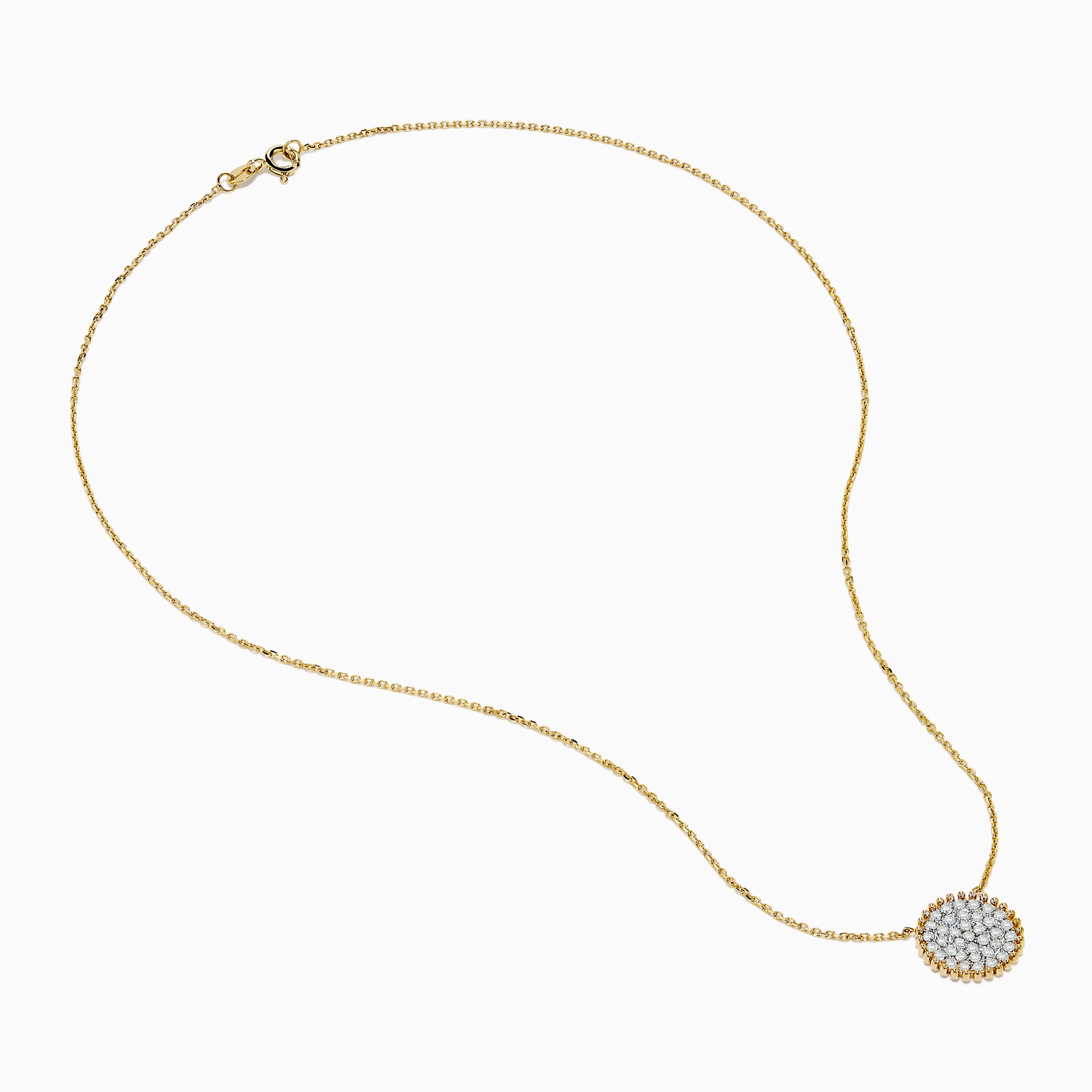 Elegant and minimalistic, the DOro 14K Yellow Gold Diamond Cluster Disc Necklace features a thin chain and a round pendant with sparkling diamonds, bordered by a delicate gold beaded edge.