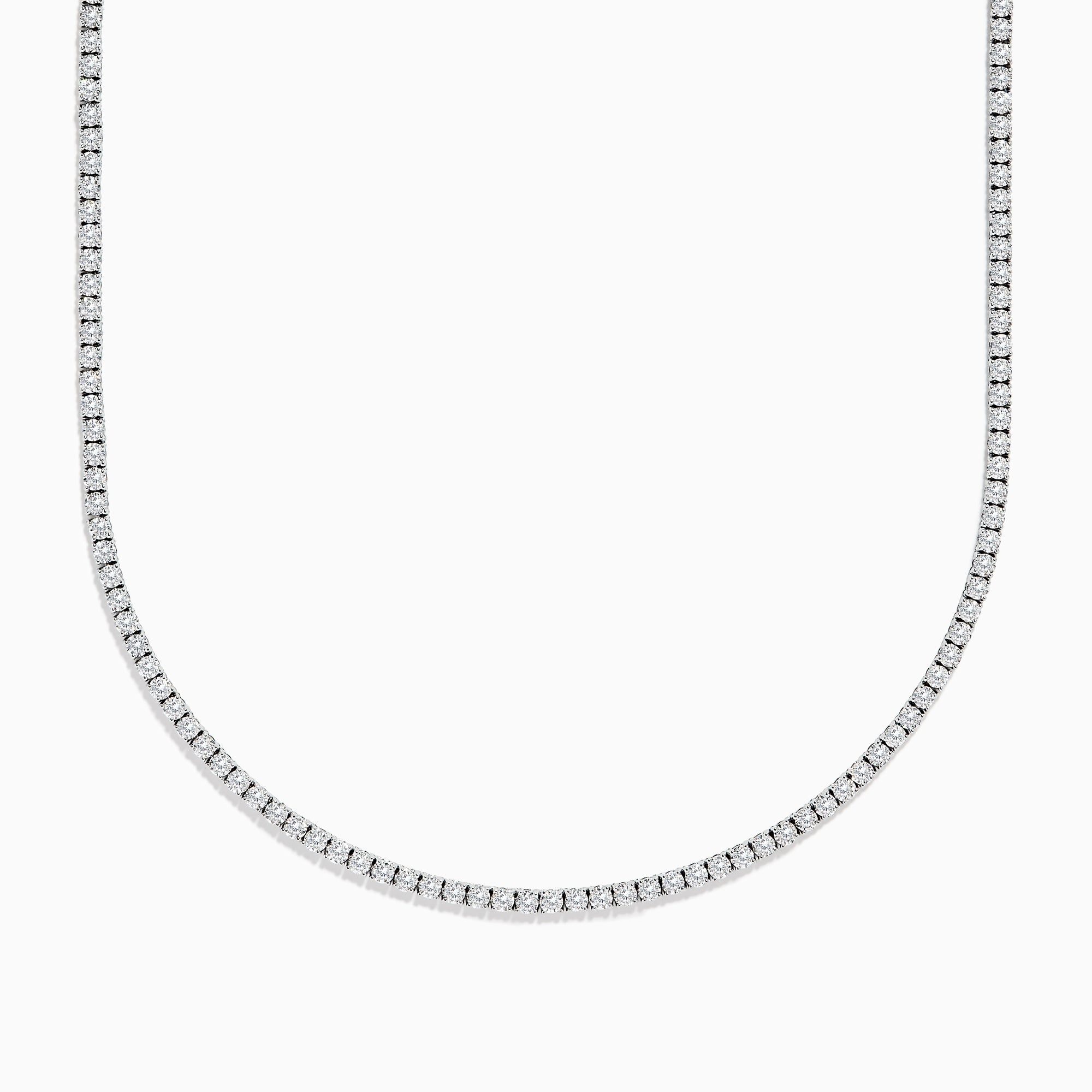 The Pave Classica 14K White Gold Diamond Tennis Necklace 10.51 TCW features small, round diamonds set closely in a continuous line, creating an elegant U-shape on a plain white background.