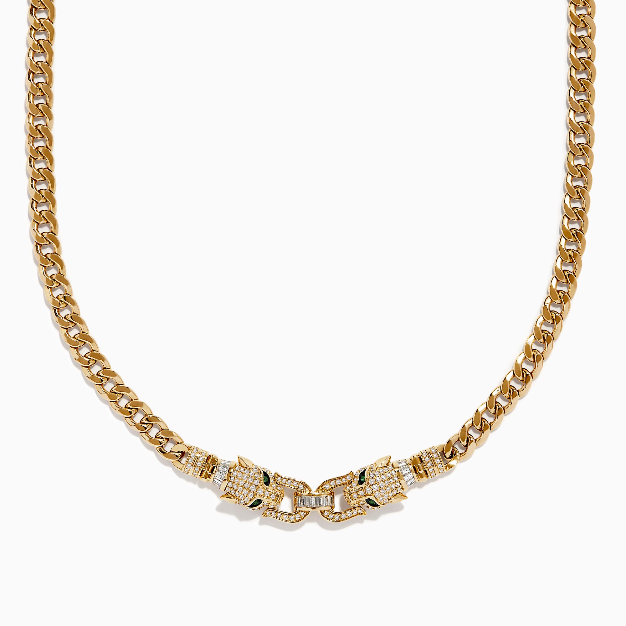 The Signature 14K Yellow Gold Diamond and Emerald Panther Necklace features two jeweled panther head clasps with green gemstone eyes and pavé diamond accents, facing each other at the center.