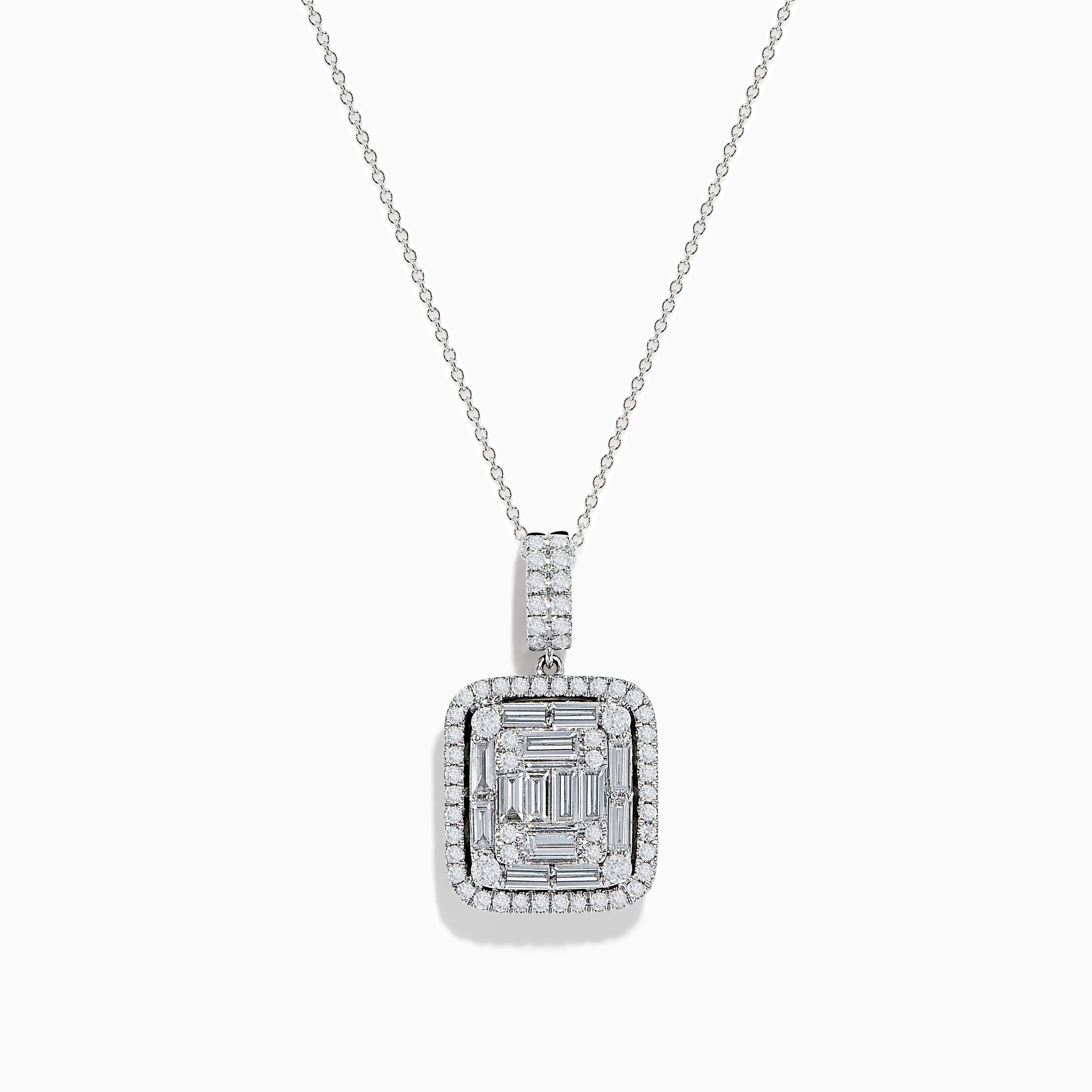 A delicate Classique 14K White Gold Diamond Pendant featuring a square design with baguette and round-cut diamonds in a geometric pattern, suspended from a fine chain.
