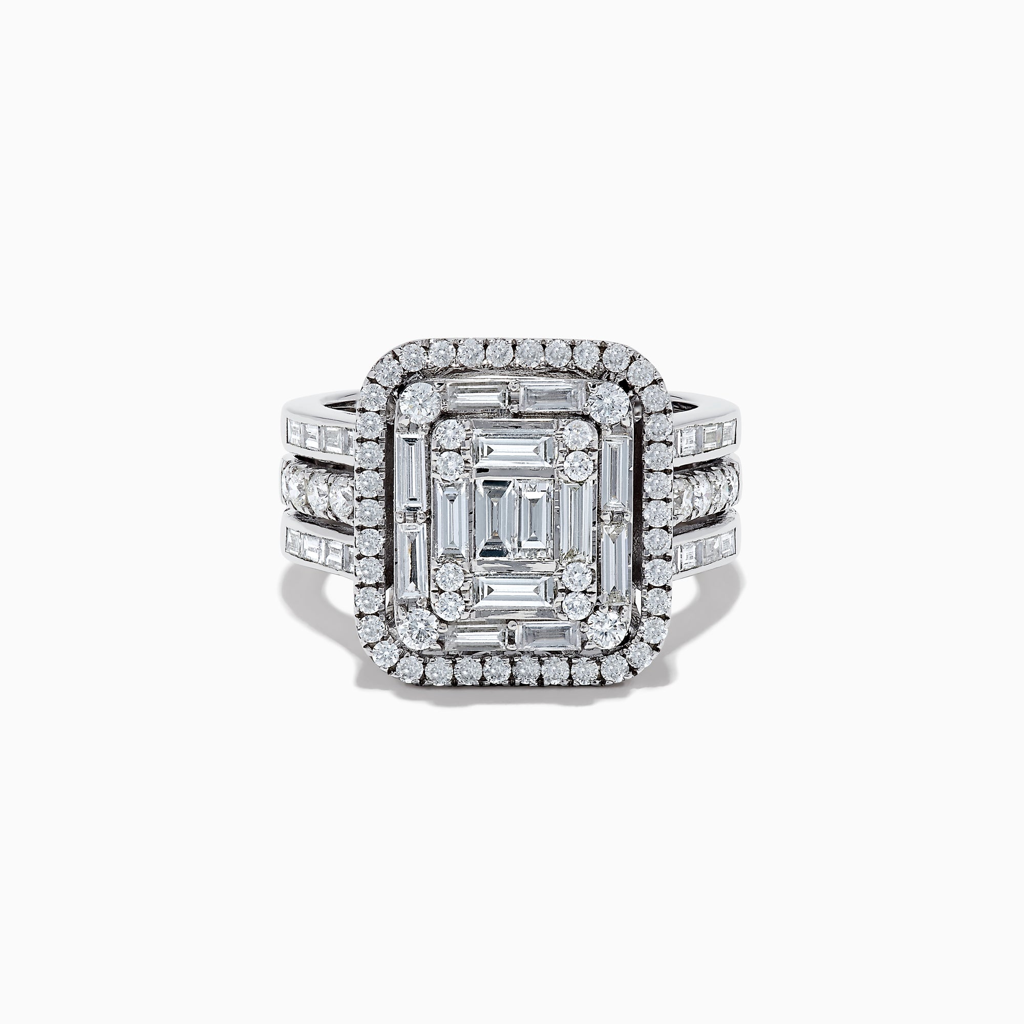 The 14K White Gold Diamond Ring features a rectangular emerald-cut diamond center, two rows of smaller round diamonds, and three diamond-accented bands on each side for a dazzling effect.