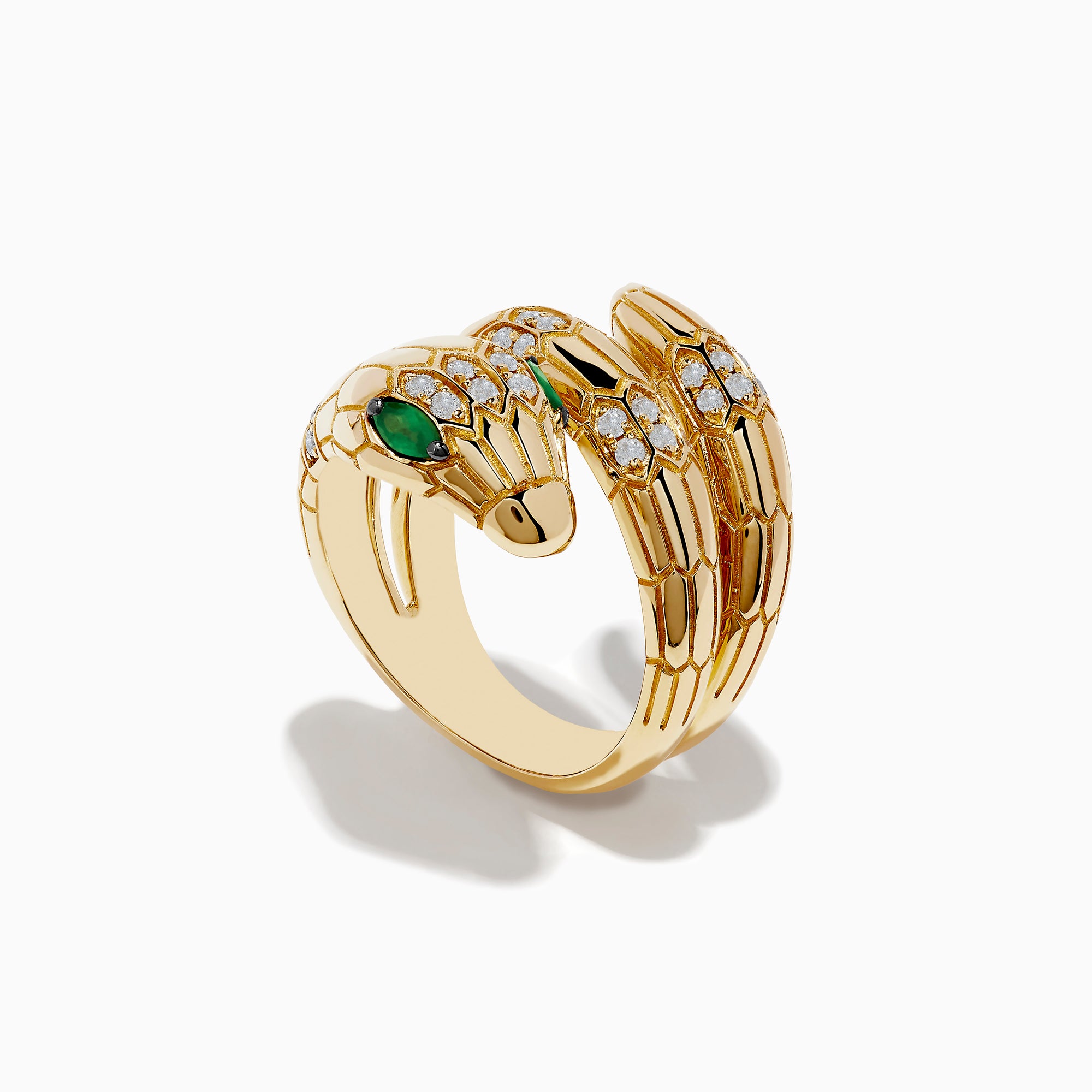 The Safari 14K Yellow Gold Diamond and Emerald Snake Ring features a snake design with diamond accents and an emerald eye, set against a white background.