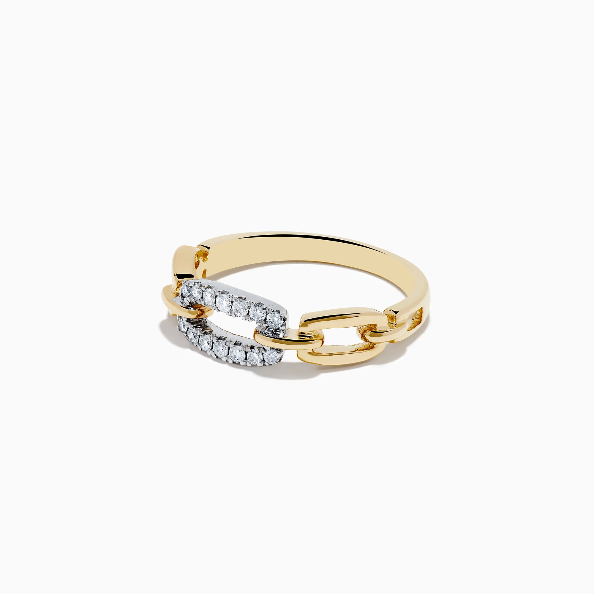 The DOro 14K Two Tone Gold Diamond Interlocking Links Ring showcases a chain-link design with sparkling white diamonds set on one link, elegantly displayed on a white background.