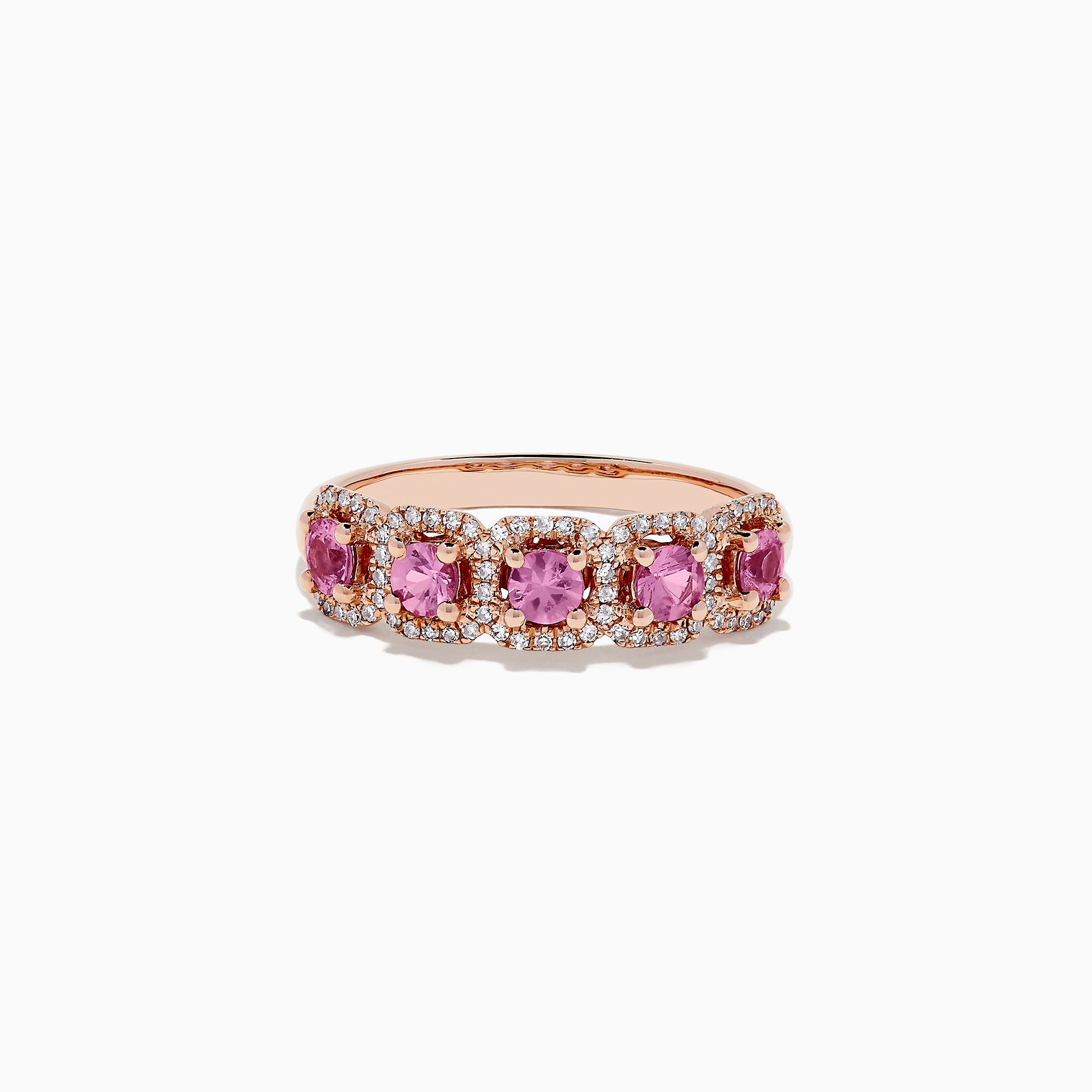 The 14K Rose Gold Pink Sapphire and Diamond Ring, 0.85 TCW, showcases five round pink sapphires encircled by white diamonds in an ornate band.
