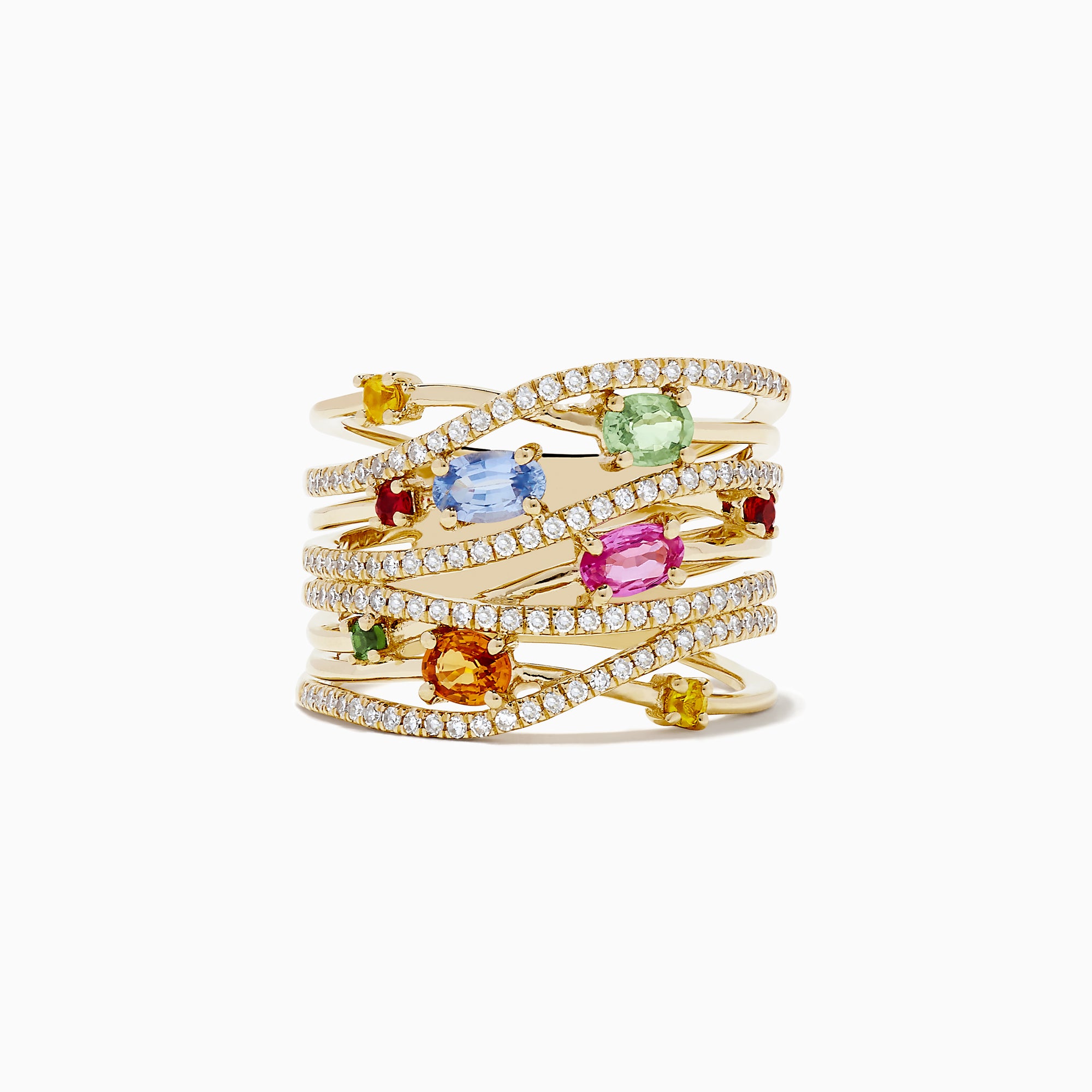 The Watercolors 14K Yellow Gold Multi Sapphire and Diamond Ring showcases intertwining bands set with dazzling diamonds and an array of colorful sapphires in green, pink, blue, yellow, orange, and red.