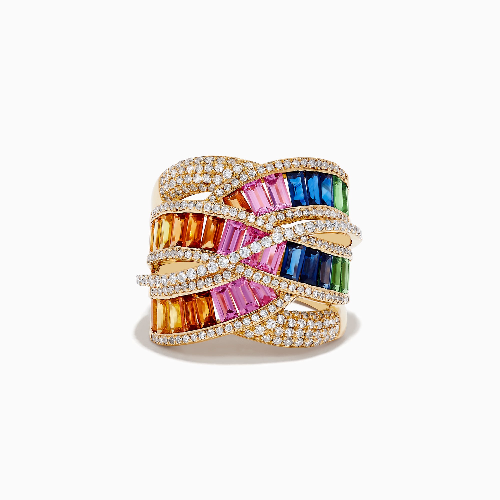 The Watercolors 14K Gold Multi Sapphire & Diamond Crossover Ring showcases rows of rectangular orange, pink, blue, and green sapphires intertwined with diamonds in a striking crossover design.