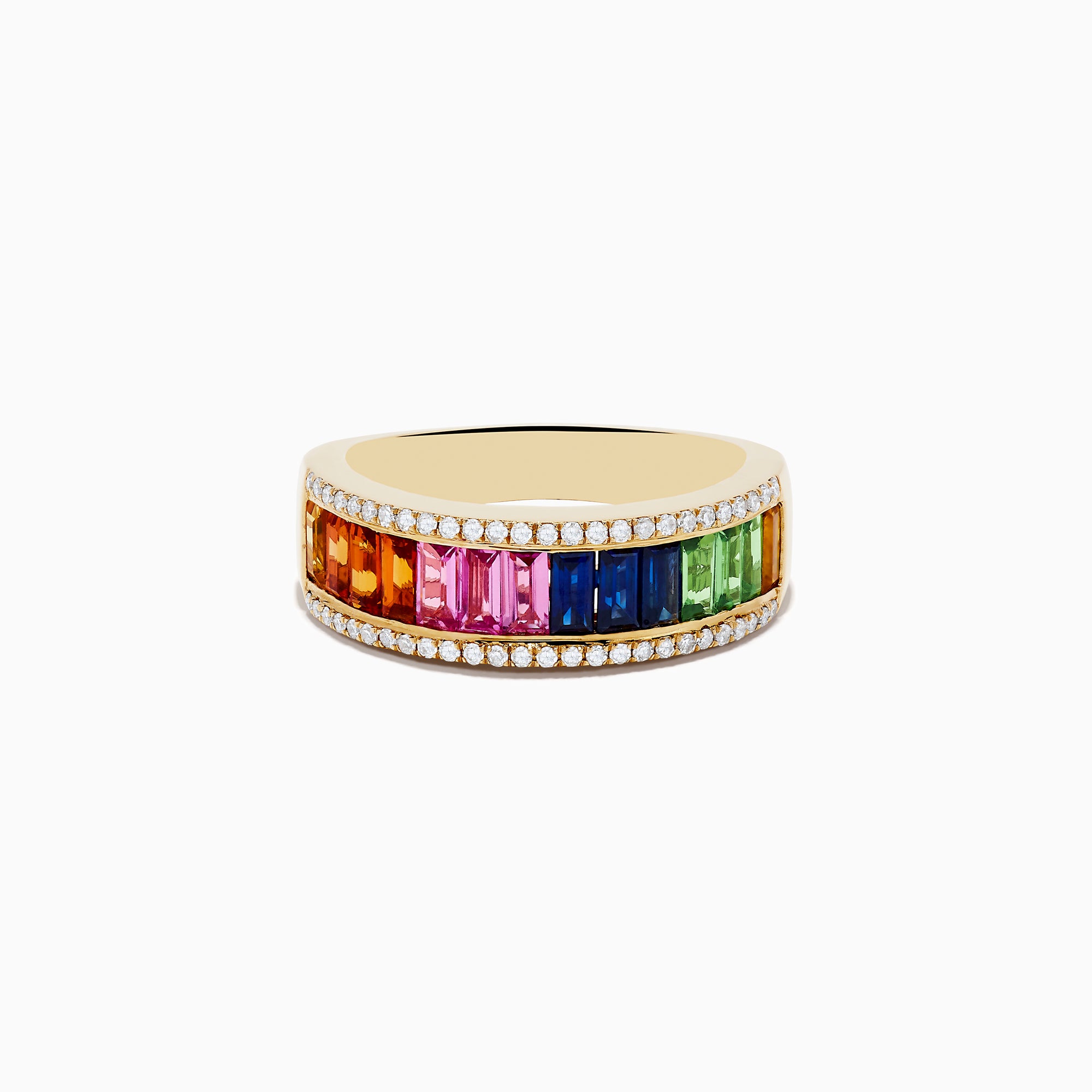 The Watercolors 14K Yellow Gold Multi Sapphire and Diamond Ring features a row of rectangular sapphires in rainbow order, bordered by sparkling white diamonds, all set against a plain white background.