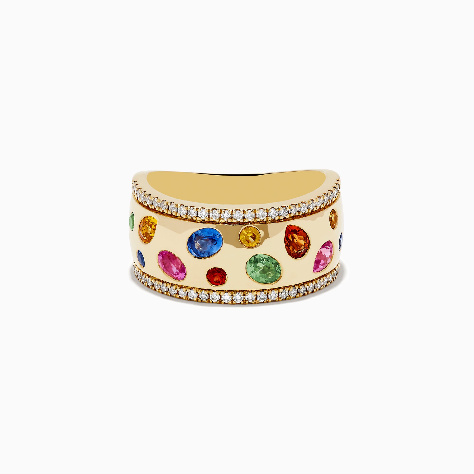 The Watercolor 14k Yellow Gold Bezel Set Multi Sapphire Ring features multicolored sapphires in various shapes and sizes, bordered by rows of white diamonds, reflecting Effys signature Watercolor style on a plain white background.