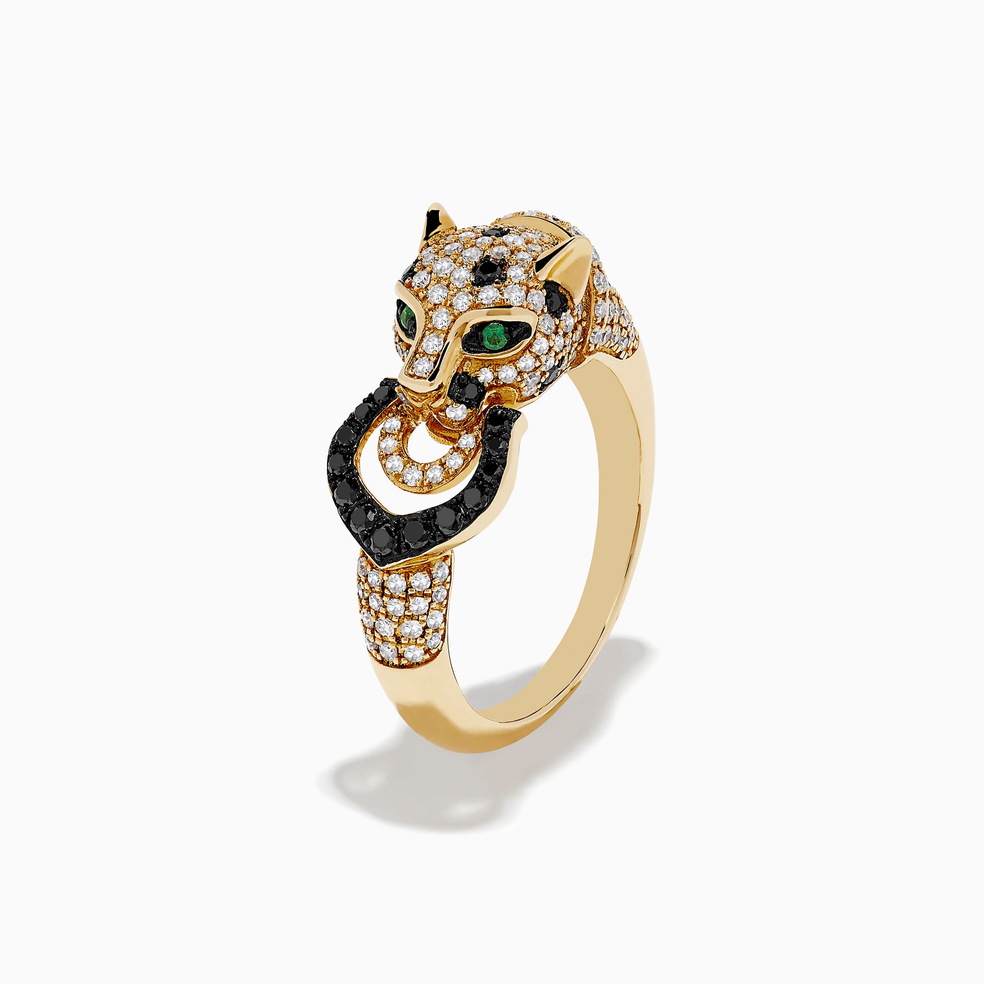 The Signature 14K Yellow Black and White Diamond and Emerald Panther Ring features a panther’s head with green emerald eyes, diamond spots, and a black jeweled ring in its mouth.