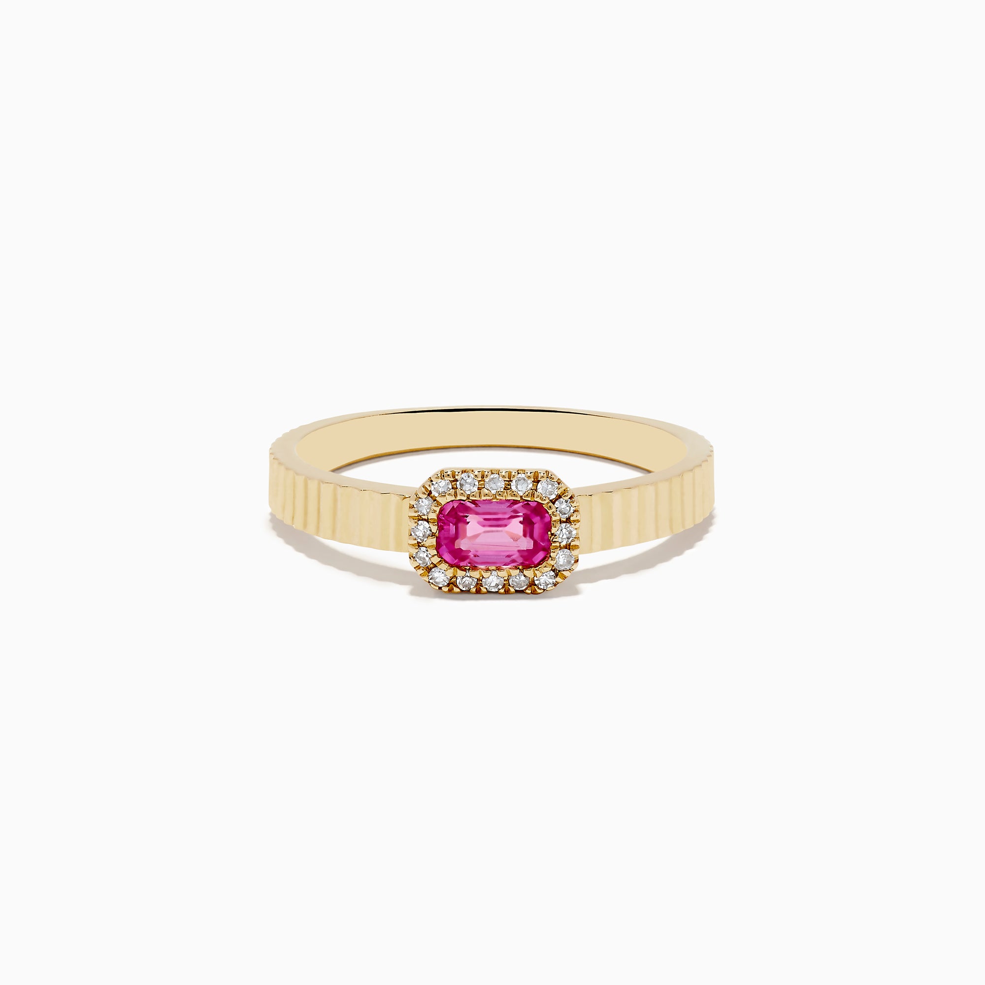 The 14K Yellow Gold Pink Sapphire and Diamond Ring features a ribbed gold band, a rectangular pink sapphire centerpiece, and a halo of white diamonds, shown on a white background.