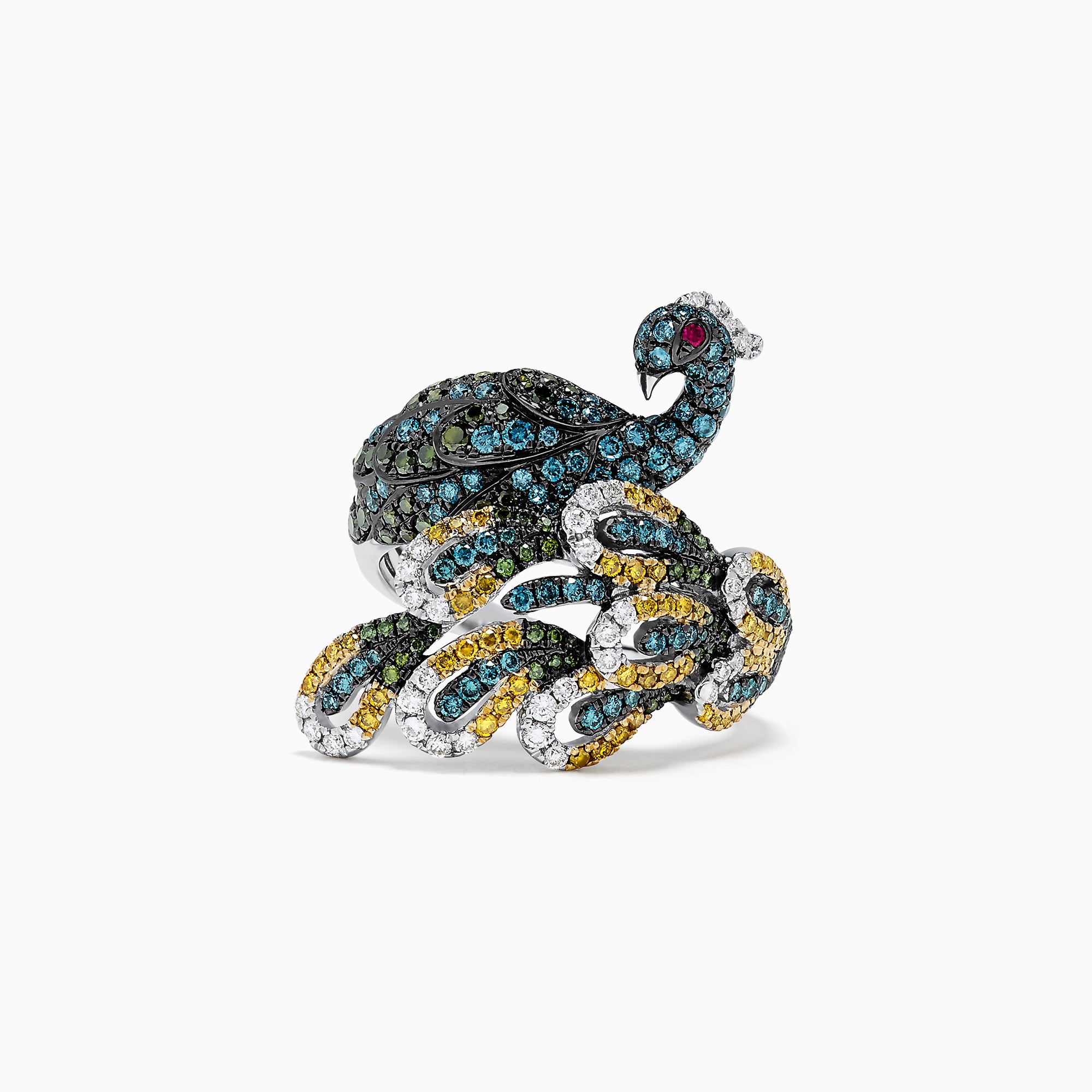 The Safari 14K White Gold Mix Diamonds and Ruby Peacock Ring (1.50 TCW) features a vibrant peacock design with sparkling diamonds and rubies, displayed against a plain white background.