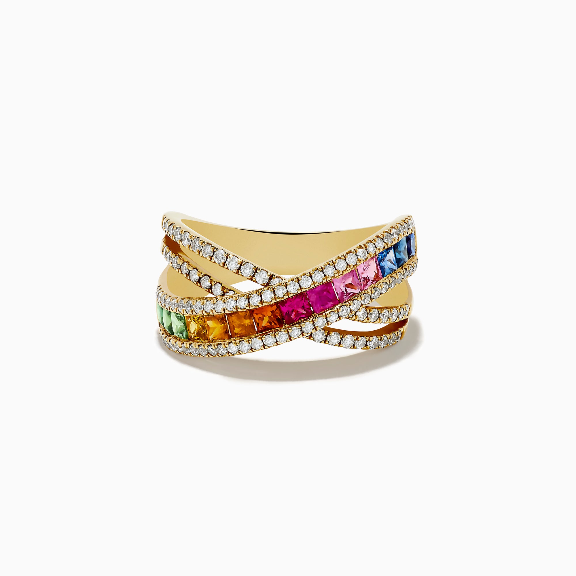 The Watercolors 14K Yellow Gold Multi Sapphire and Diamond Ring (2.05 TCW) showcases a crisscross design with two rows of diamonds and a central row of vibrant, square-cut multi-colored sapphires.