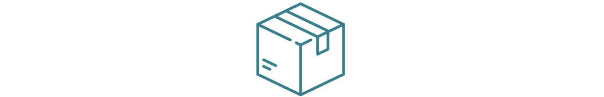 A simple teal line drawing of a closed cardboard box with tape on top, viewed at an angle to show three sides.