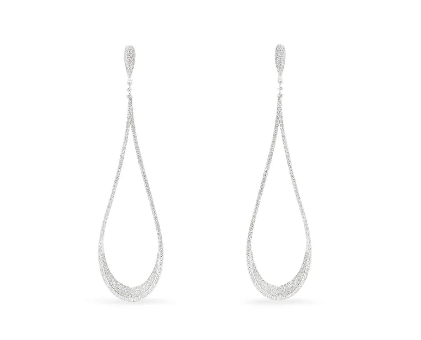 A pair of long, elegant silver drop earrings with teardrop-shaped loops, encrusted with small sparkling diamonds.