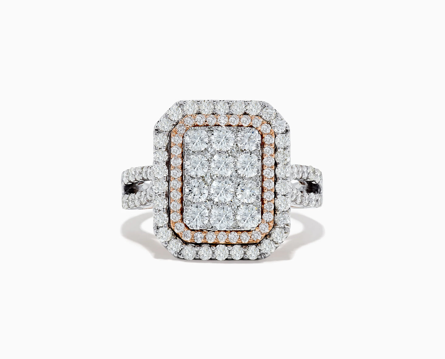 A rectangular diamond ring with multiple small diamonds set in the center, surrounded by two rows of pavé diamonds on a silver band, displayed on a white background.