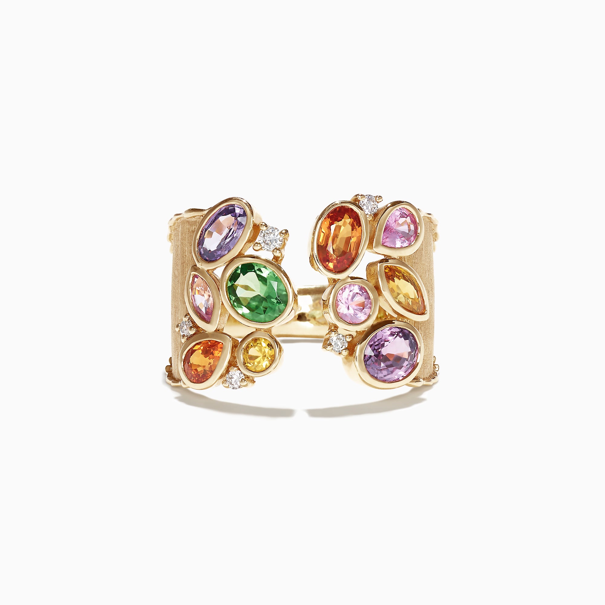 The Watercolors 14K Yellow Gold Multi Sapphire and Diamond Ring (2.46 TCW) features sapphires in green, purple, yellow, orange, and pink hues of various shapes and sizes, accented by sparkling diamonds.
