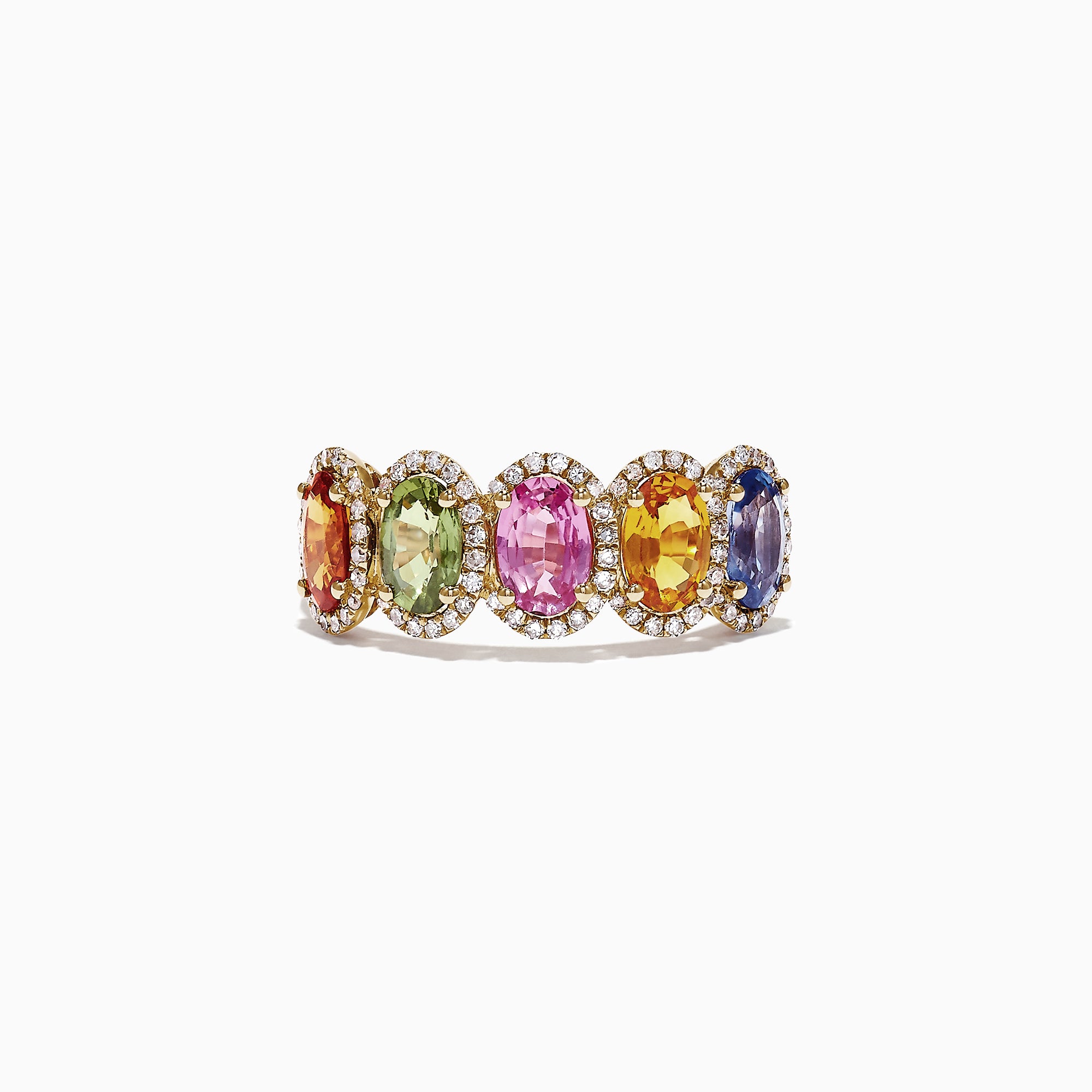 The Watercolors 14K Yellow Gold Multi-Sapphire Diamond Ring (2.81 TCW) showcases five oval sapphires in red, green, yellow, pink, and blue, each surrounded by diamonds and arranged in a row on a white background.