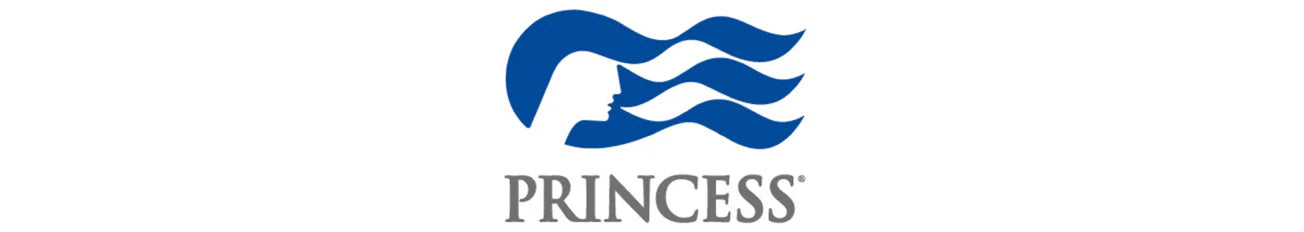 The image shows the Princess Cruises logo: a stylized profile of a womans face formed by blue ocean waves above the word PRINCESS in gray capital letters.