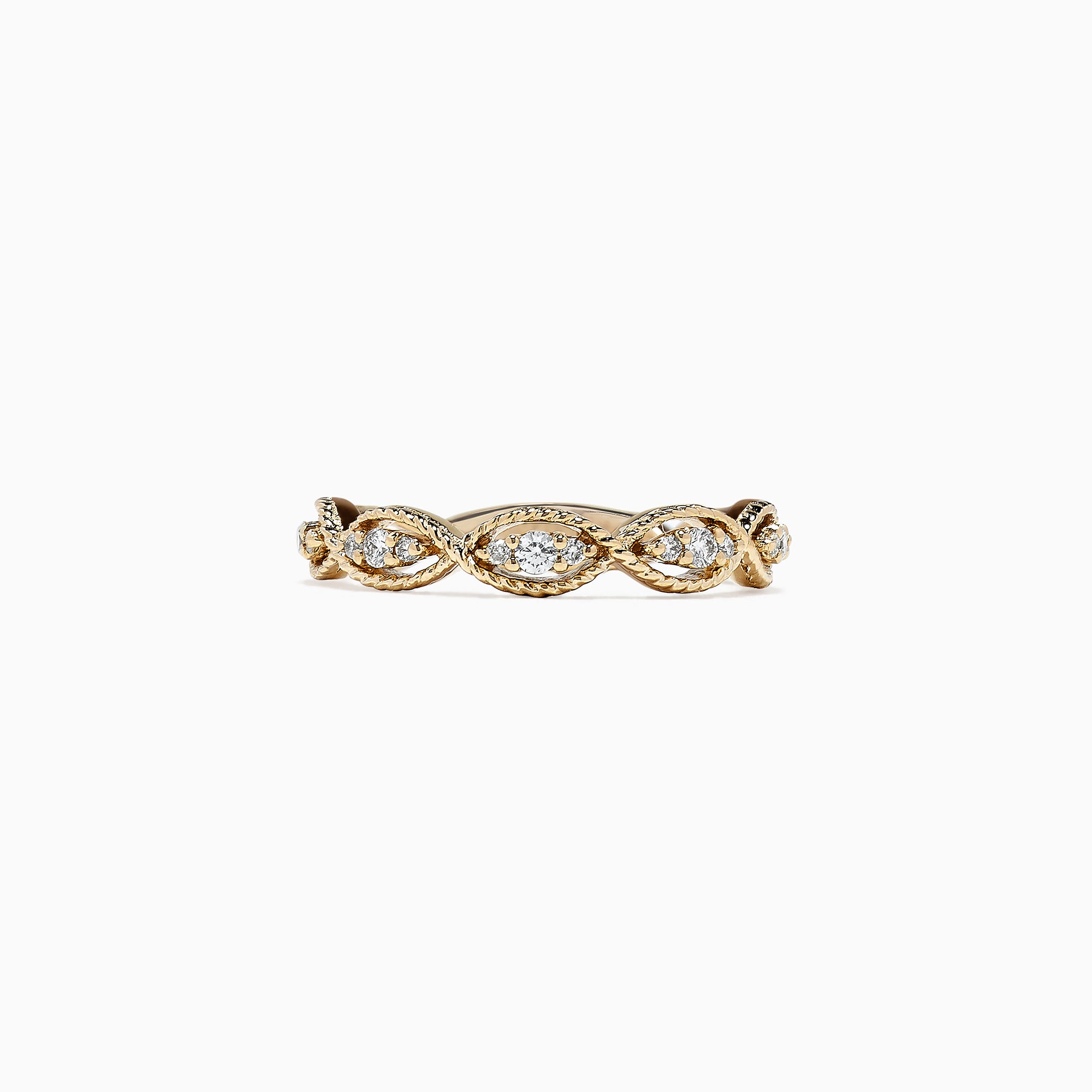 The DOro 14K Yellow Gold Diamond Ring, 0.20 TCW, features a twisted band adorned with round diamonds set in marquise-shaped bezels along the entire band.