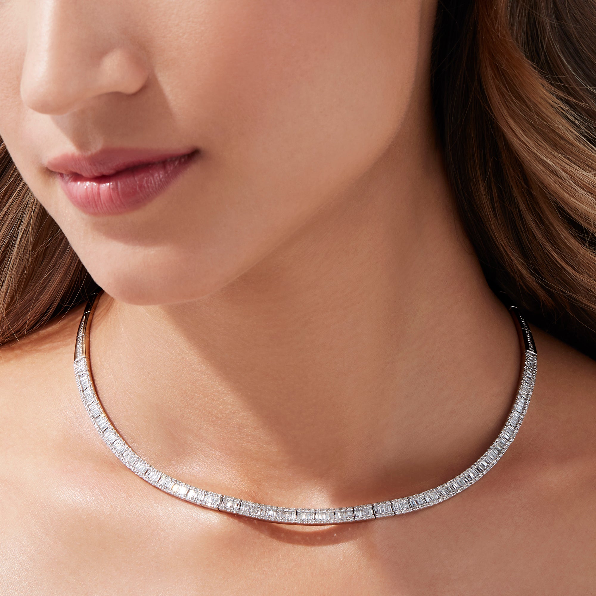 The Classique 14K White Gold Diamond Collar Necklace 3.12 TCW features a row of square-cut diamonds set along the front half, displayed on a plain white background.