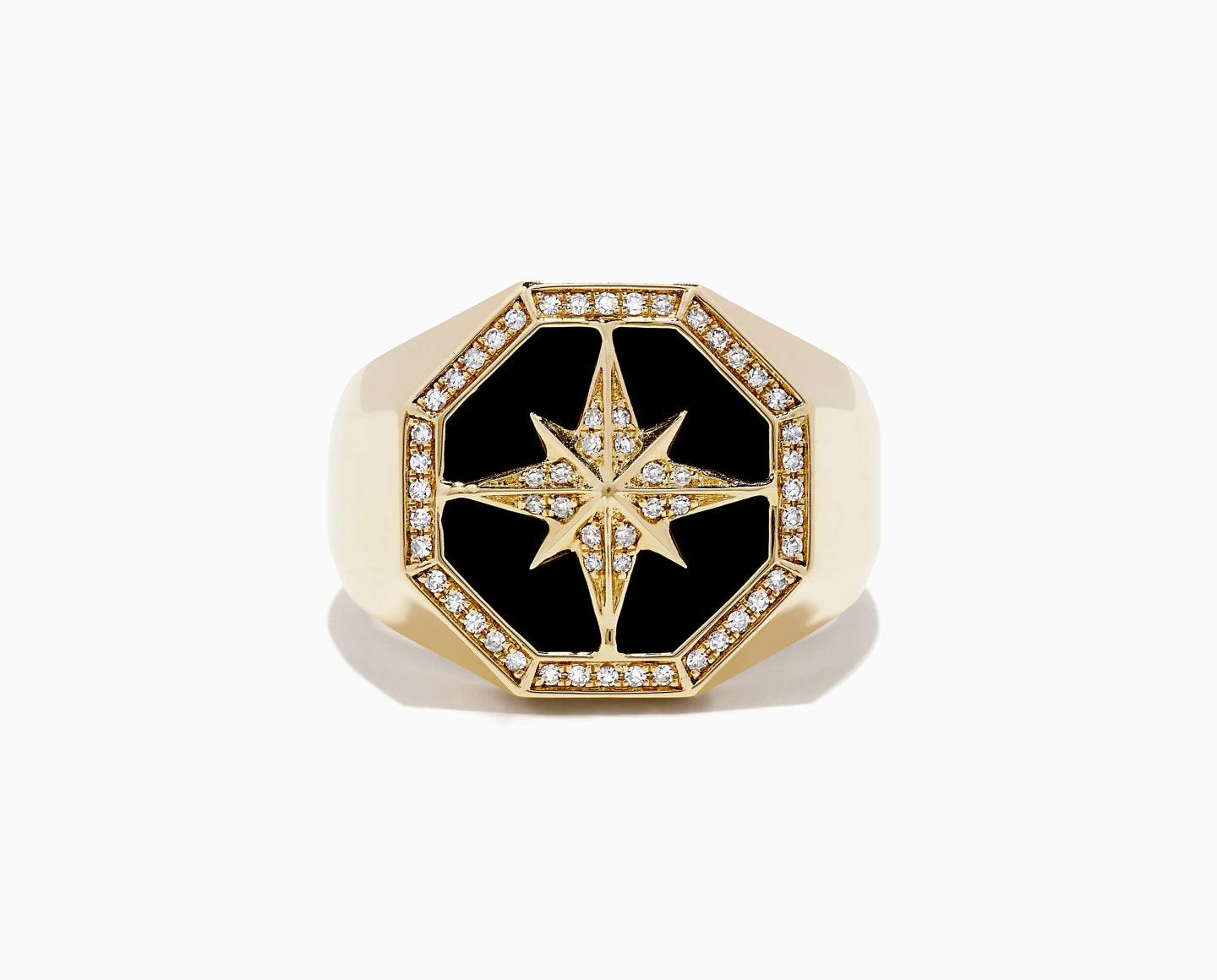 A gold ring with an octagonal black onyx face, featuring a diamond-encrusted star design in the center and additional diamonds set around the border.