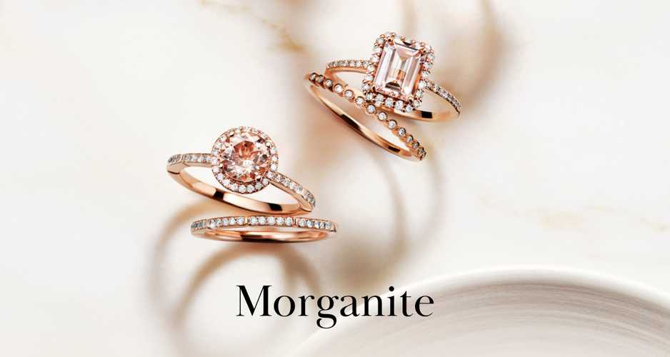 Two rose gold morganite engagement ring sets with diamond bands are displayed on a marble surface. One set features a round-cut stone; the other, an emerald-cut. The word Morganite appears at the bottom.